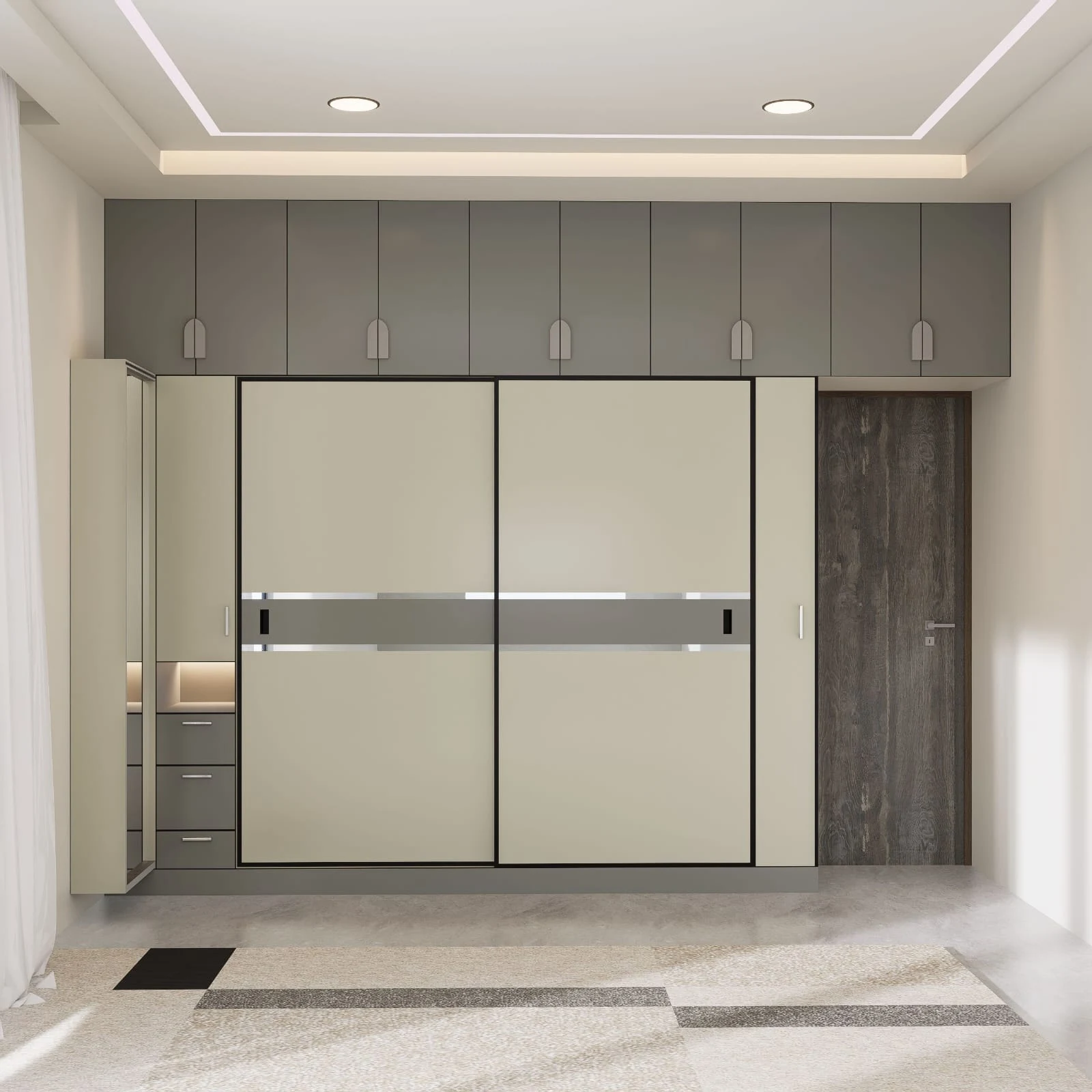 Wide view of a cream sliding wardrobe with overhead loft cabinets