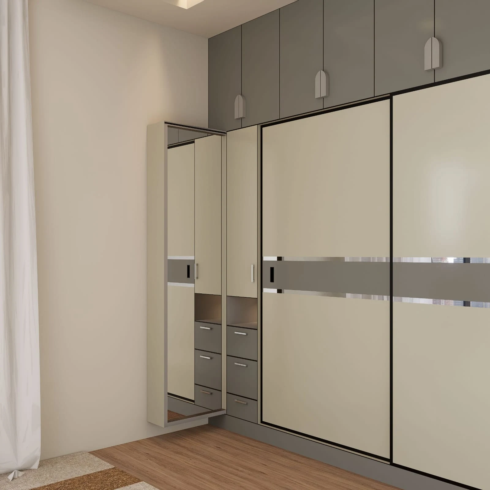 Cream sliding wardrobe with mirrored door open, showing internal shelves and drawers